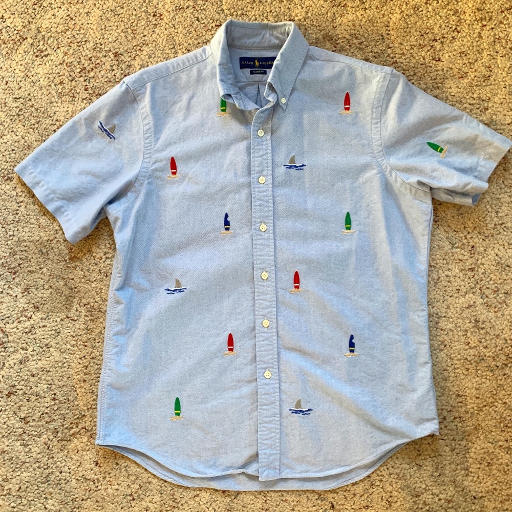 Polo by Ralph Lauren SS sewn Surfing Surf Board Shark Fin Chambray Shirt M